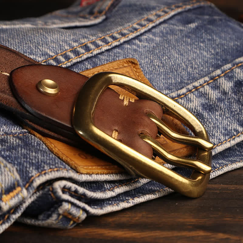 Men's Double Holes Brass Buckle Leather Belt