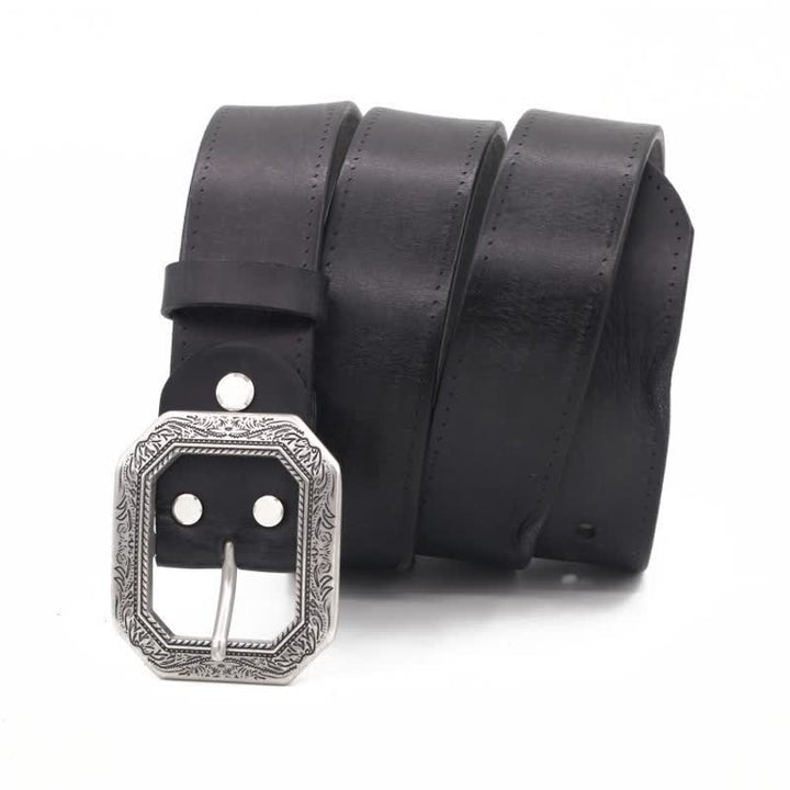 Men's Square Floral Engraved Buckle Distressed Leather Belt