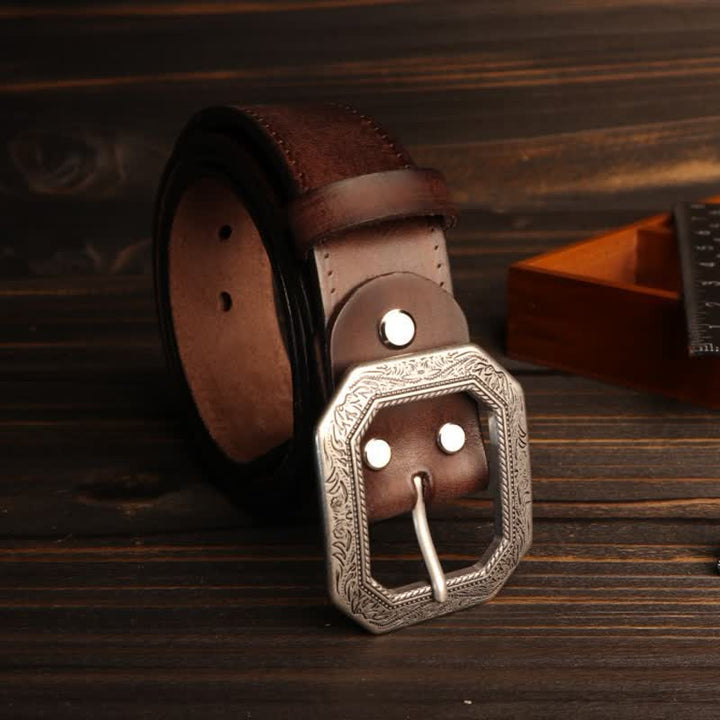 Men's Square Floral Engraved Buckle Distressed Leather Belt