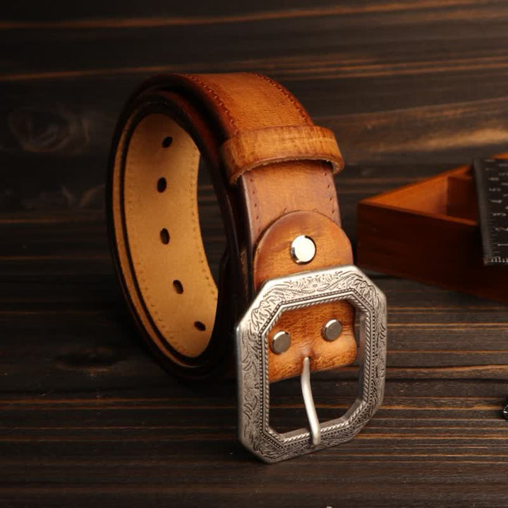 Men's Square Floral Engraved Buckle Distressed Leather Belt