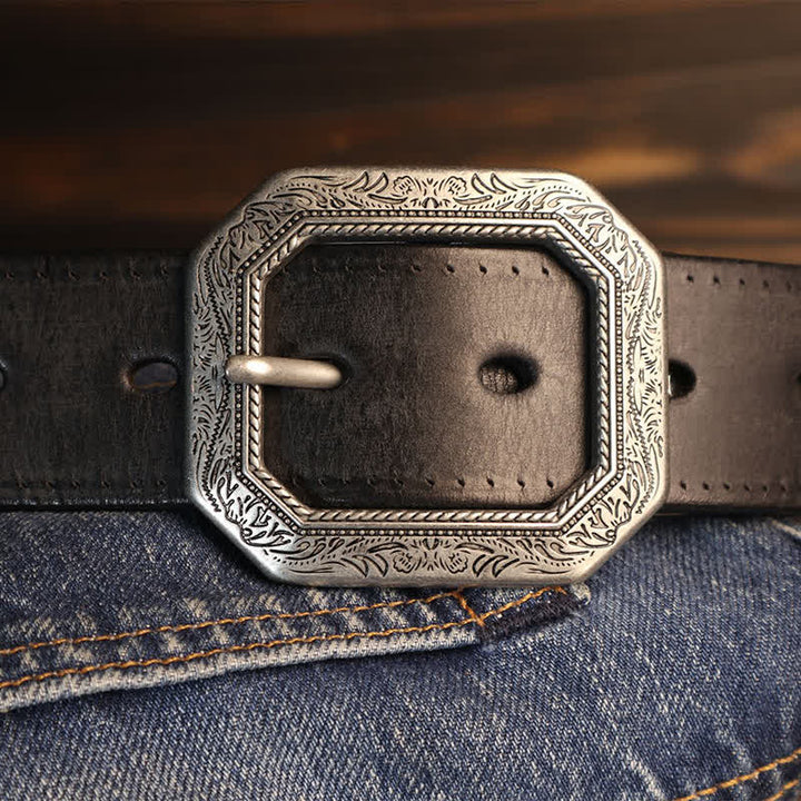 Men's Square Floral Engraved Buckle Distressed Leather Belt