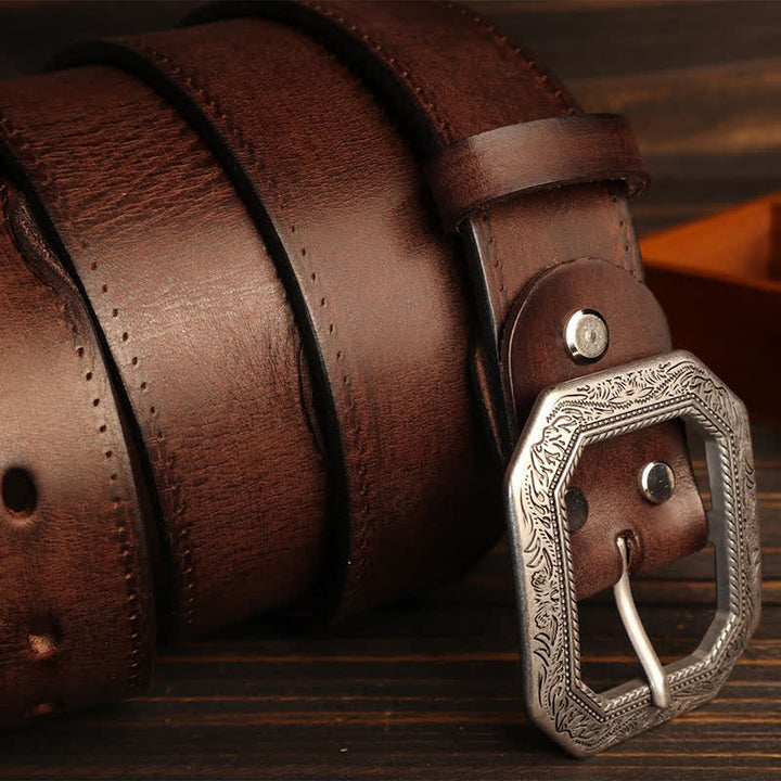 Men's Square Floral Engraved Buckle Distressed Leather Belt