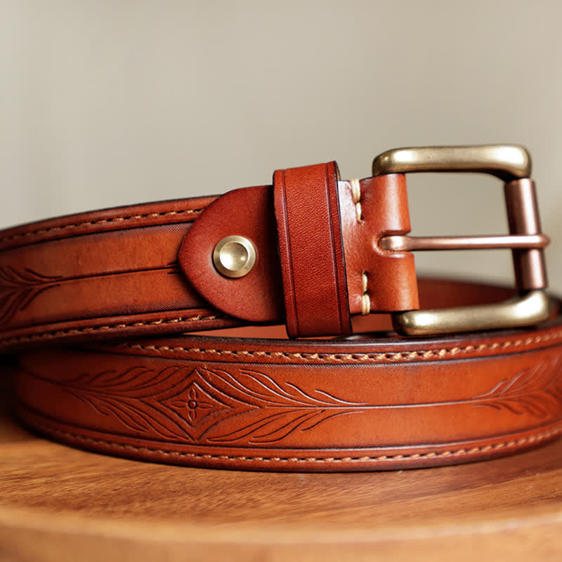 Men's Embossed Flower Leaves Engraved Leather Belt