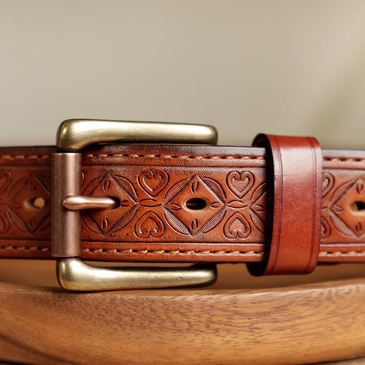 Men's Embossed Flower Leaves Engraved Leather Belt