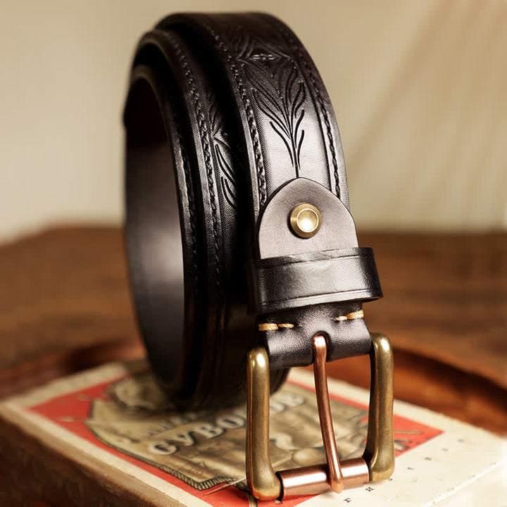 Men's Embossed Flower Leaves Engraved Leather Belt