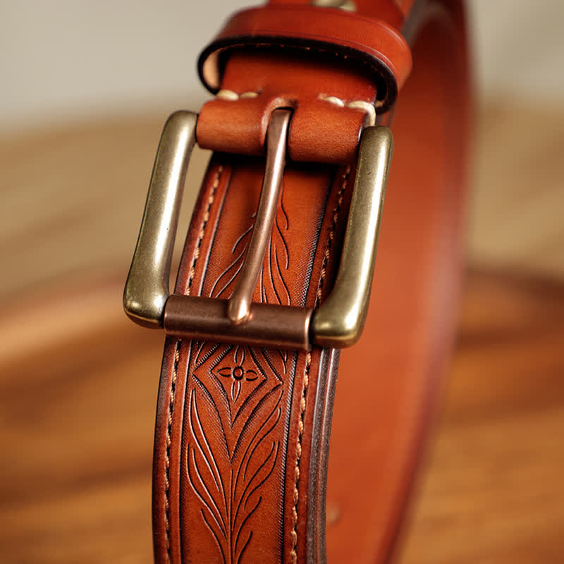 Men's Embossed Flower Leaves Engraved Leather Belt