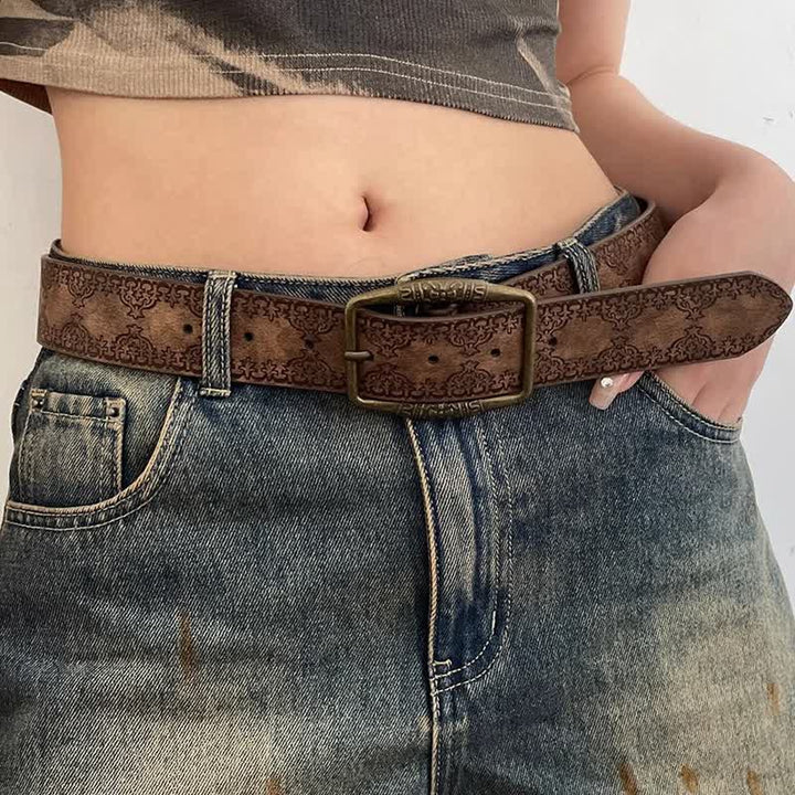 Women's Dark Brown Engraving Pattern Leather Belt