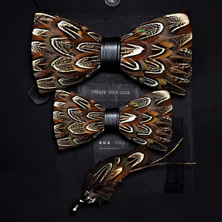 Brown Pheasant Feather Bow Tie with Lapel Pin