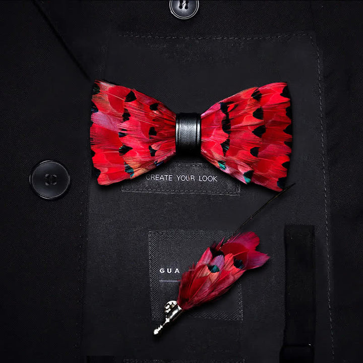 Red Finch Tail Feather Bow Tie with Lapel Pin - Kid - image 5