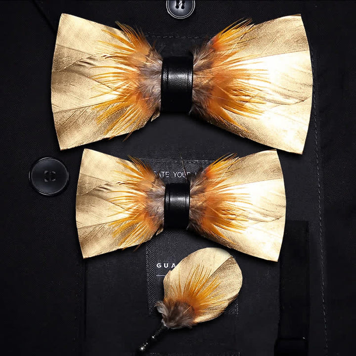 Gold & Tobacco Feather Bow Tie with Lapel Pin