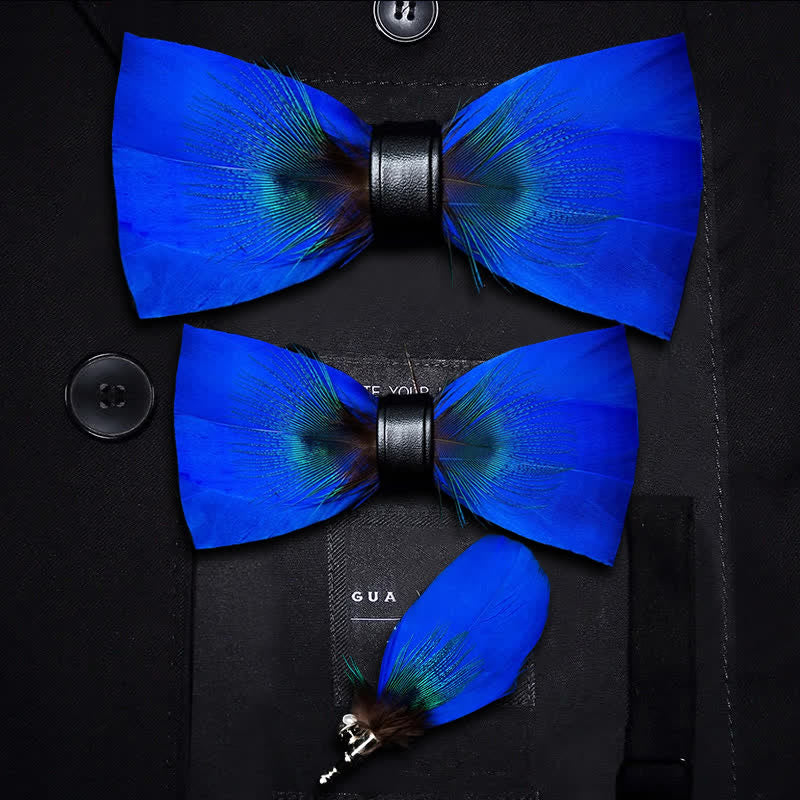 Oxford Blue Peacock Feather Bow Tie with Lapel Pin