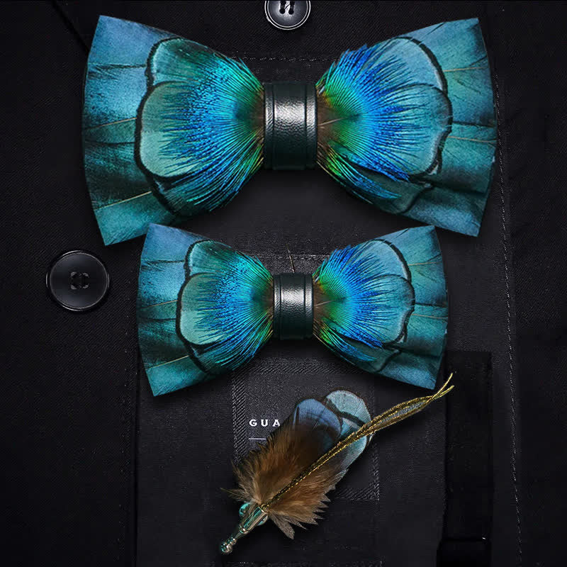 Lustrous Blue Feather Bow Tie with Lapel Pin