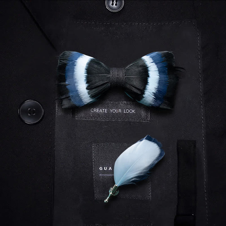 Black & Shade of Blue Feather Bow Tie with Lapel Pin