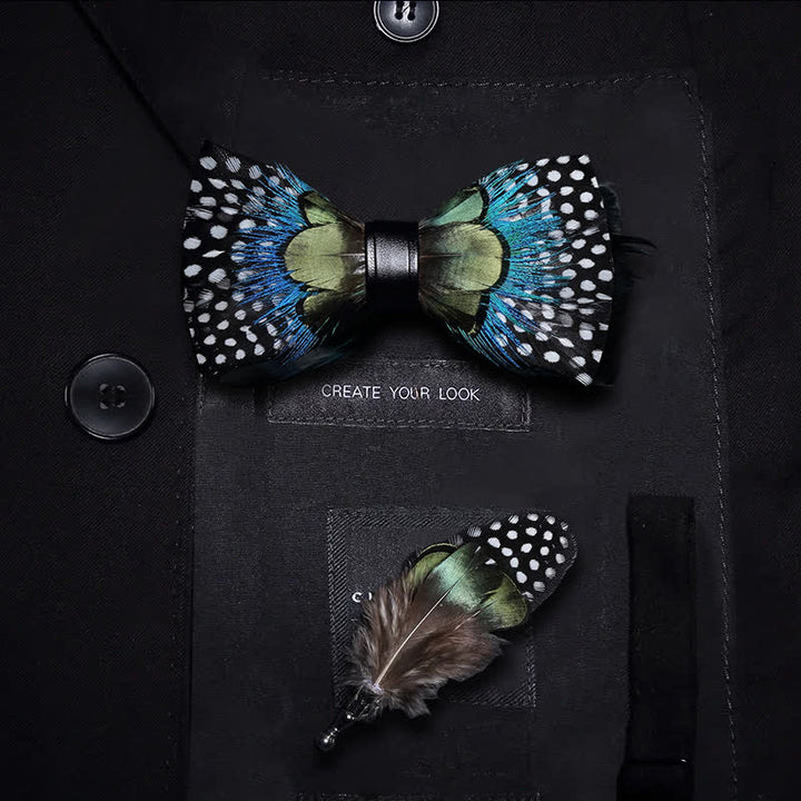 Green & Blue Polka Dots Feather Bow Tie with Lapel Pin