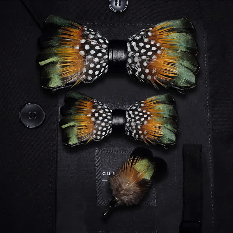 ForestGreen & Orange Vintage Feather Bow Tie with Lapel Pin - Parent-Child Set - image 6