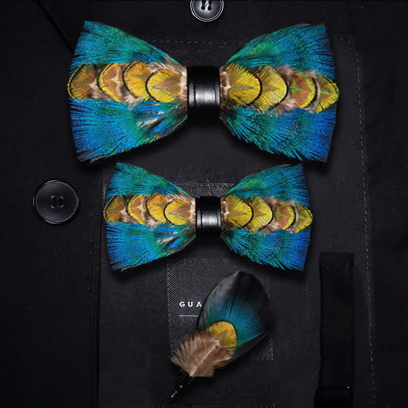 Blue & Green-yellow Feather Bow Tie with Lapel Pin