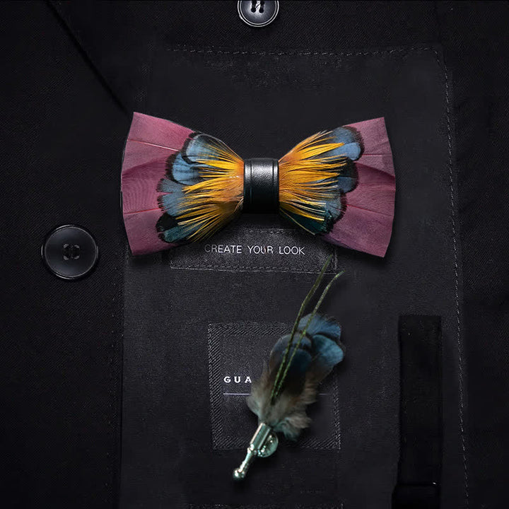 Pink & Orange Symmetrical Feather Bow Tie with Lapel Pin