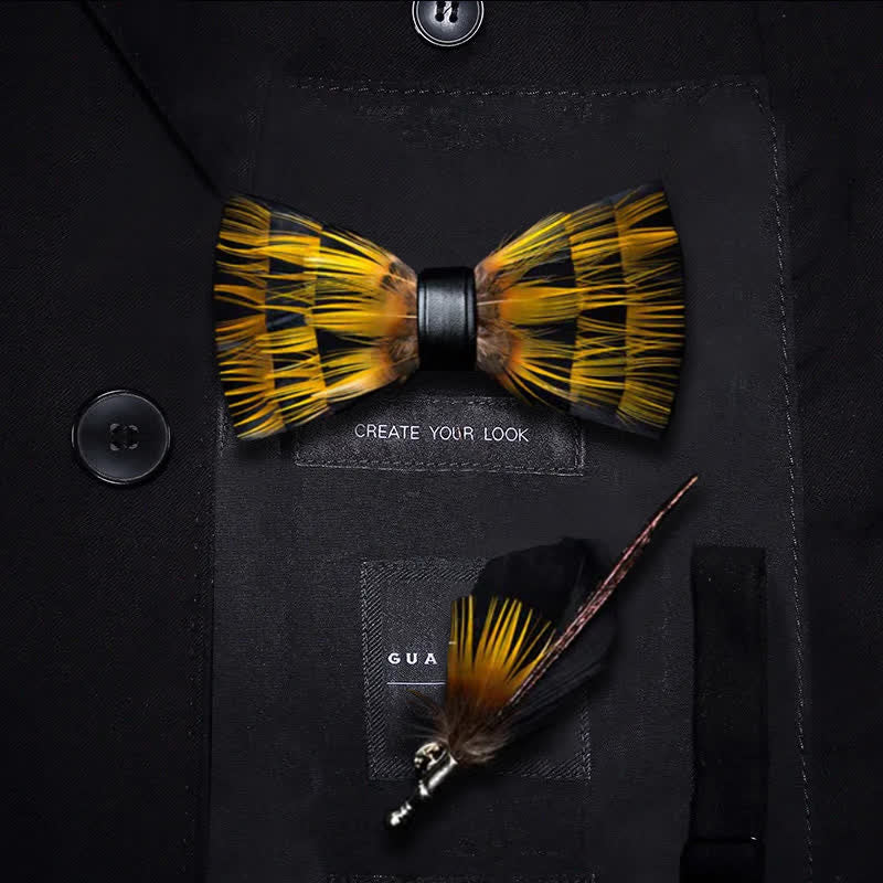 Yellow & Black Night Feather Bow Tie with Lapel Pin