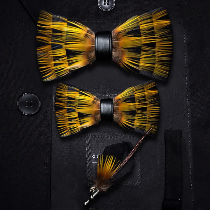 Yellow & Black Night Feather Bow Tie with Lapel Pin