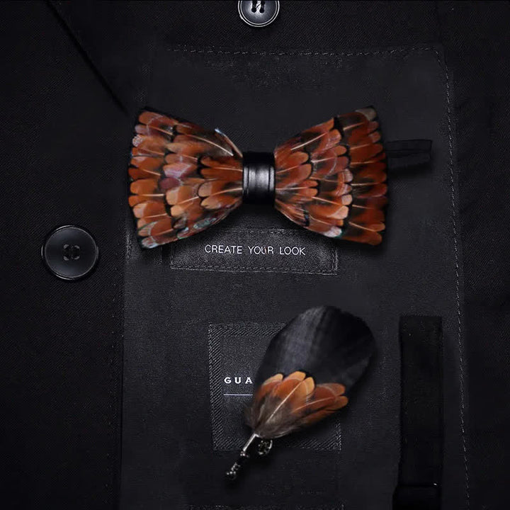 Brown & Black Trim Feather Bow Tie with Lapel Pin