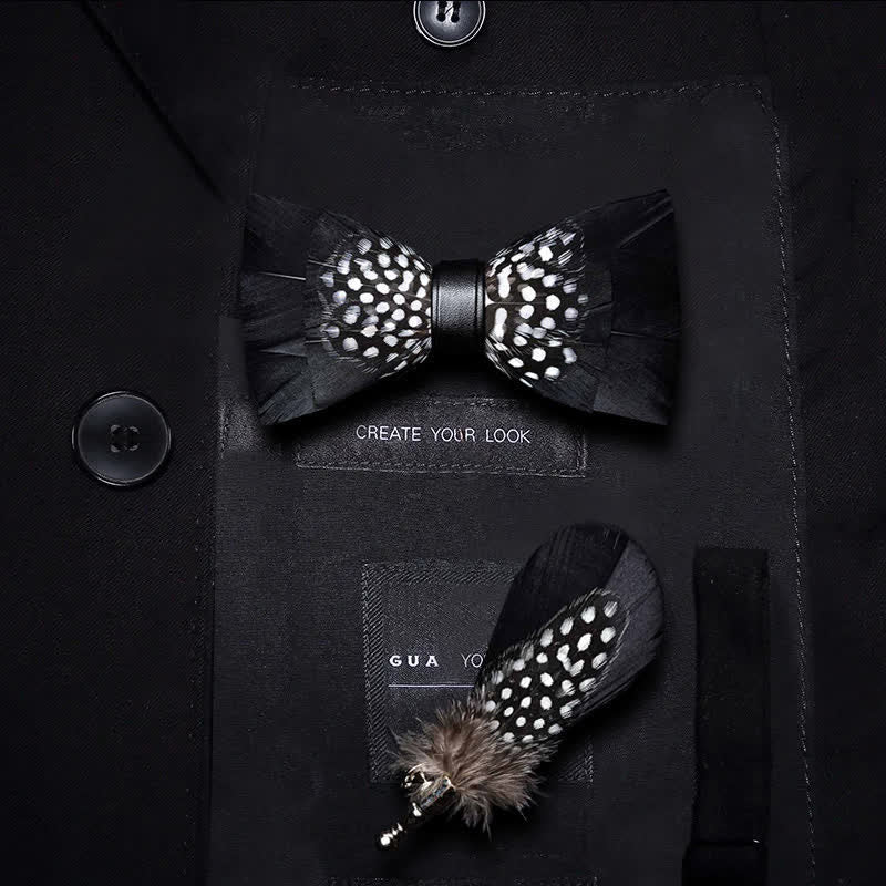 Black & White Dots Feather Bow Tie with Lapel Pin