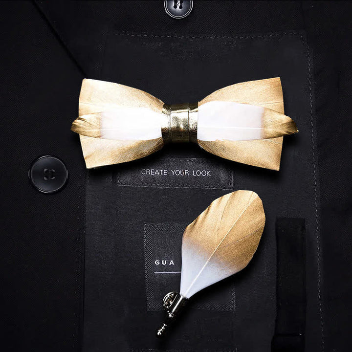 Gold & White Butterscotch Feather Bow Tie with Lapel Pin