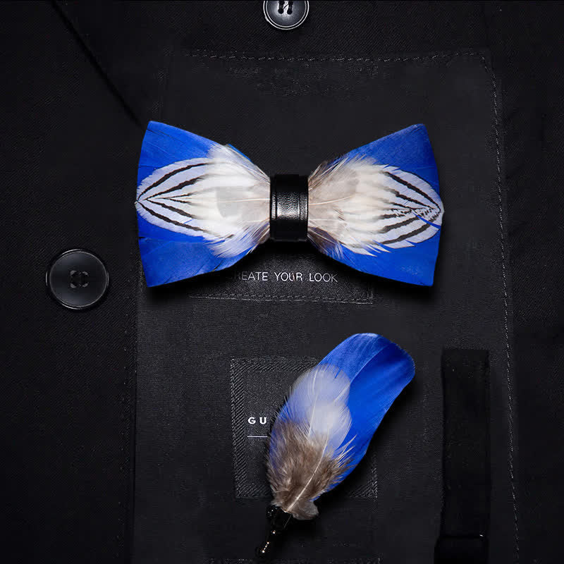 Blue & White Freedom Feather Bow Tie with Lapel Pin