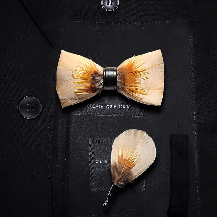 Light Yellow Quiet Feather Bow Tie with Lapel Pin