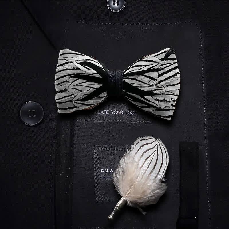 Black & White Zebra Stripe Feather Bow Tie with Lapel Pin - Kid - image 4