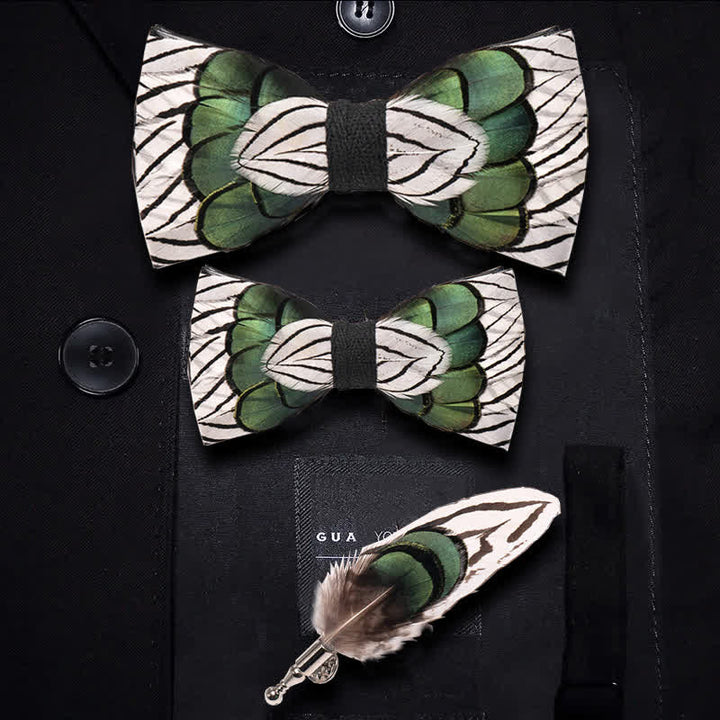 Green & White Forest Feather Bow Tie with Lapel Pin