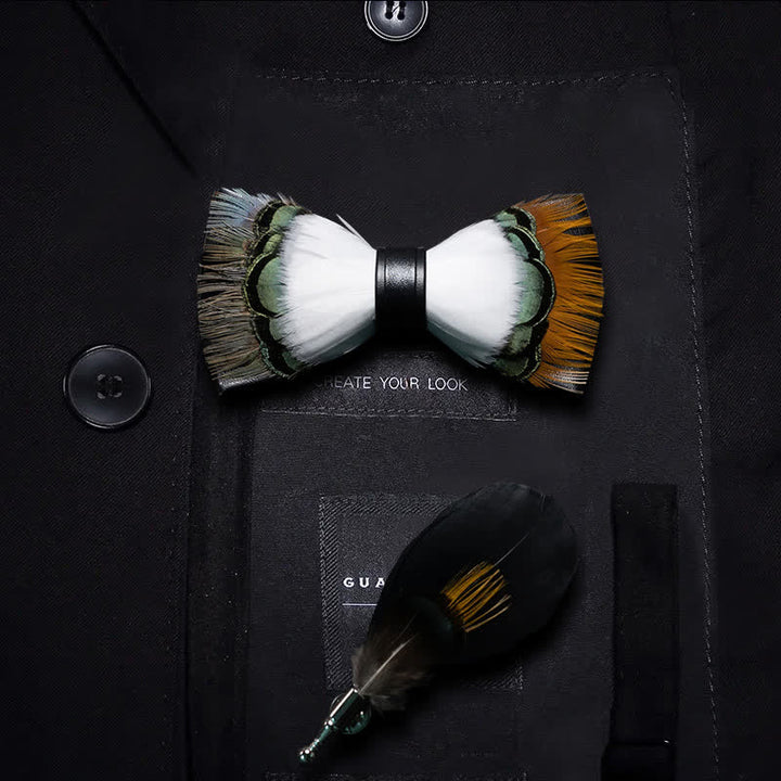 White & Multicolored Finch Feather Bow Tie with Lapel Pin