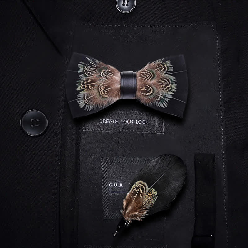 Black & Brown Rich Pheasant Feather Bow Tie with Lapel Pin - Kid - image 4
