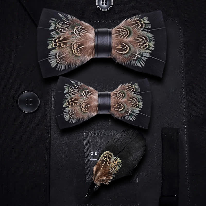 Black & Brown Rich Pheasant Feather Bow Tie with Lapel Pin