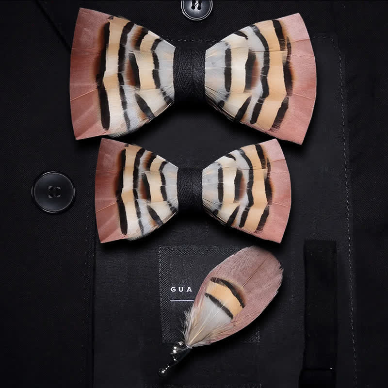 Brown & LightCoral Genius Chinchilla Feather Bow Tie with Lapel Pin