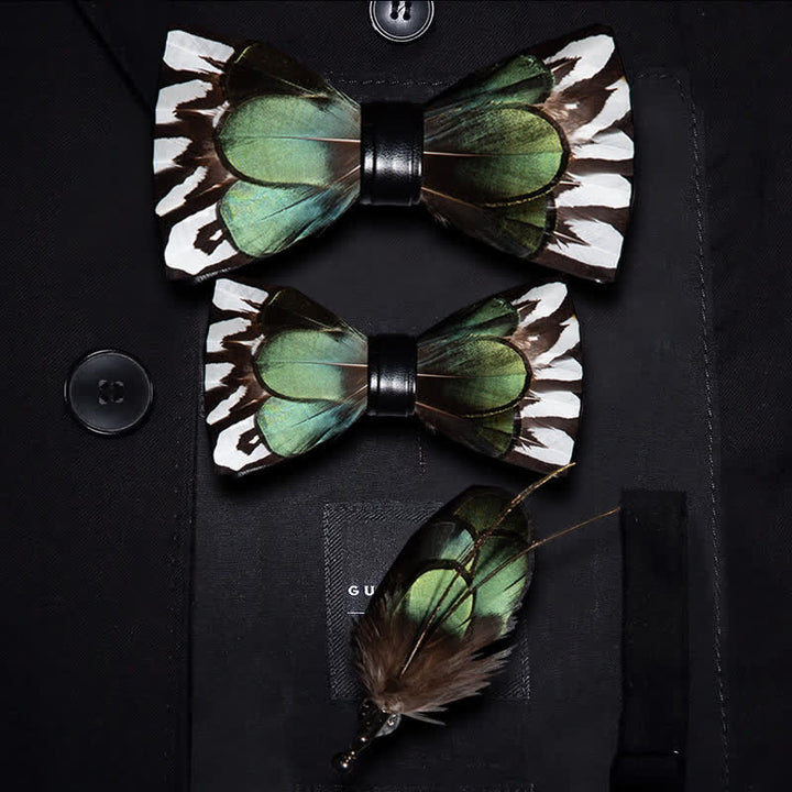 ForestGreen & White Feather Bow Tie with Lapel Pin