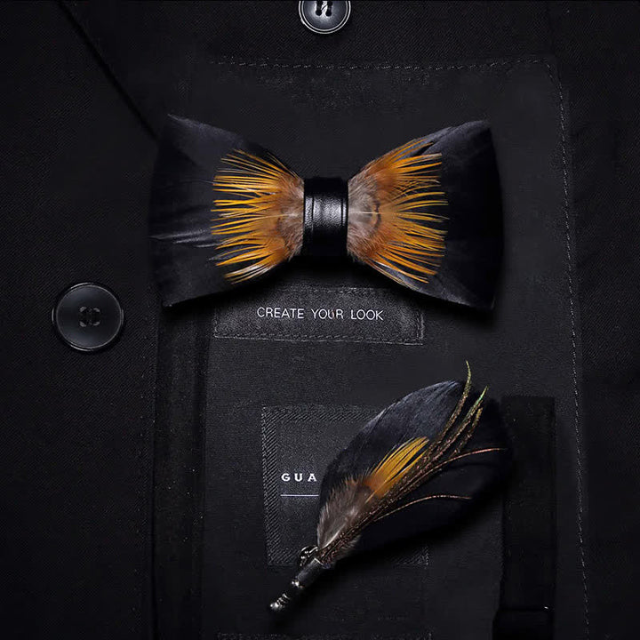 Orange & Black Sunflower Feather Bow Tie with Lapel Pin