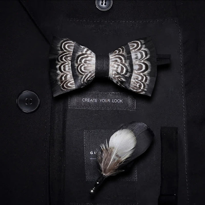 Black & White Tiger Stripes Feather Bow Tie with Lapel Pin