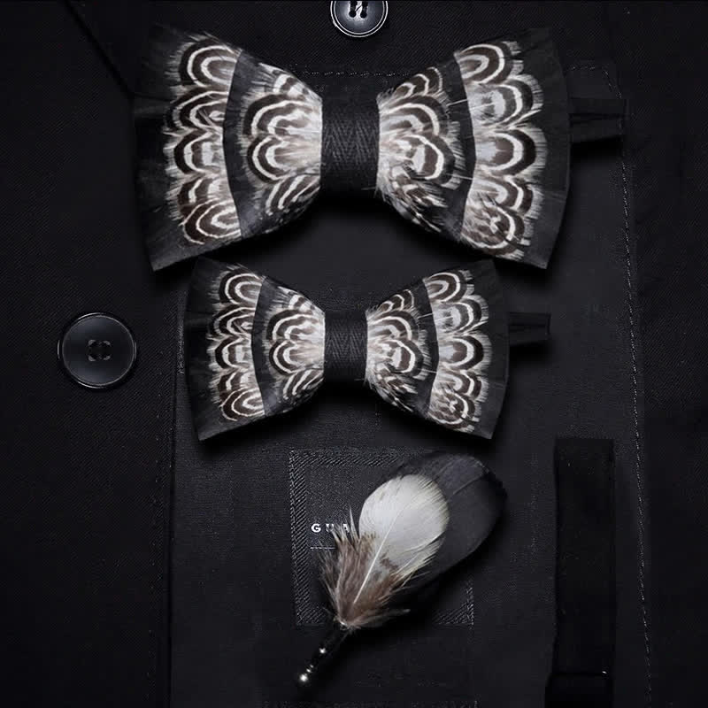 Black & White Tiger Stripes Feather Bow Tie with Lapel Pin