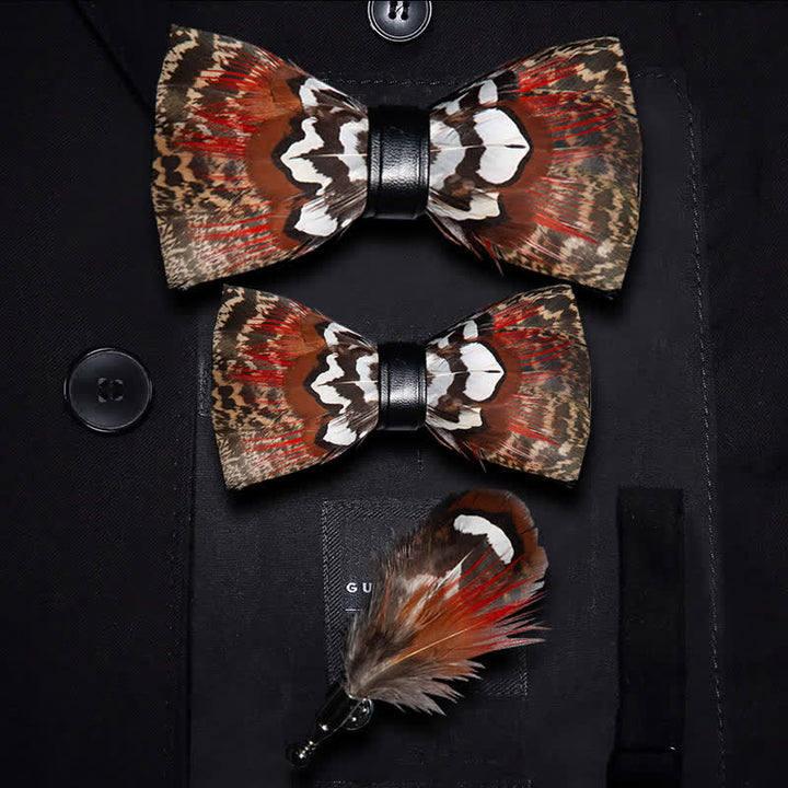 Brown & Red Feather Bow Tie with Lapel Pin - Parent-Child Set - image 5