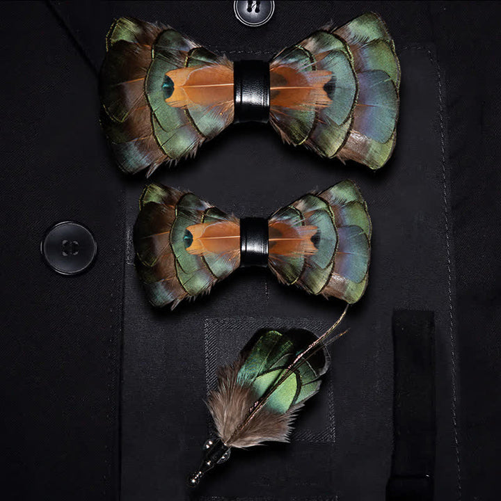 Emerald Green & Gold Feather Bow Tie with Lapel Pin - Parent-Child Set - image 6