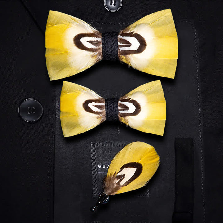 Yellow Parrot Feather Bow Tie with Lapel Pin