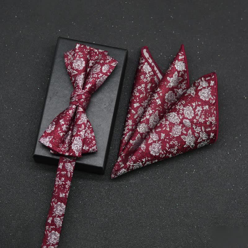 2Pcs Men's Elegant Floral Bow Tie Handkerchief Set