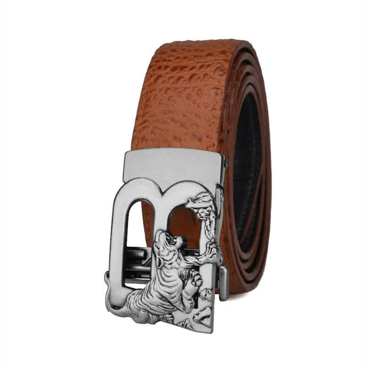 Mne's Tiger B-Shaped Crocodile Print Automatic Leather Belt