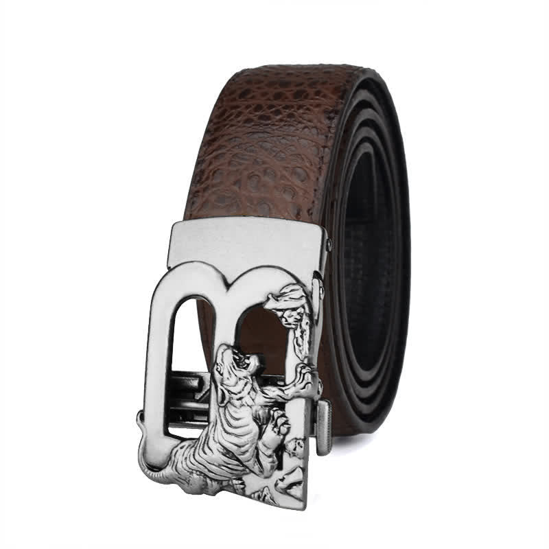 Mne's Tiger B-Shaped Crocodile Print Automatic Leather Belt