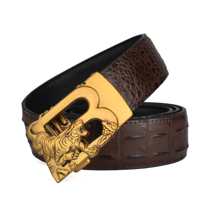 Mne's Tiger B-Shaped Crocodile Print Automatic Leather Belt