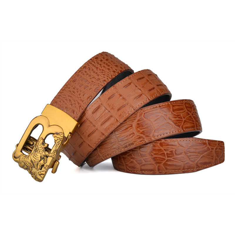 Mne's Tiger B-Shaped Crocodile Print Automatic Leather Belt