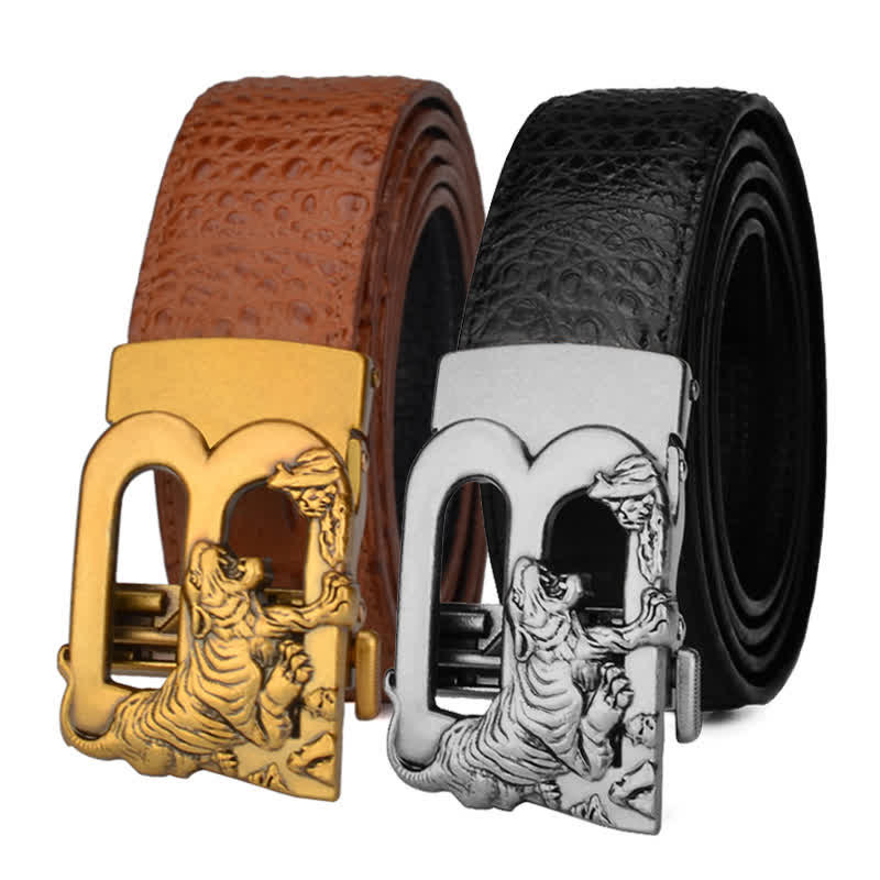 Mne's Tiger B-Shaped Crocodile Print Automatic Leather Belt