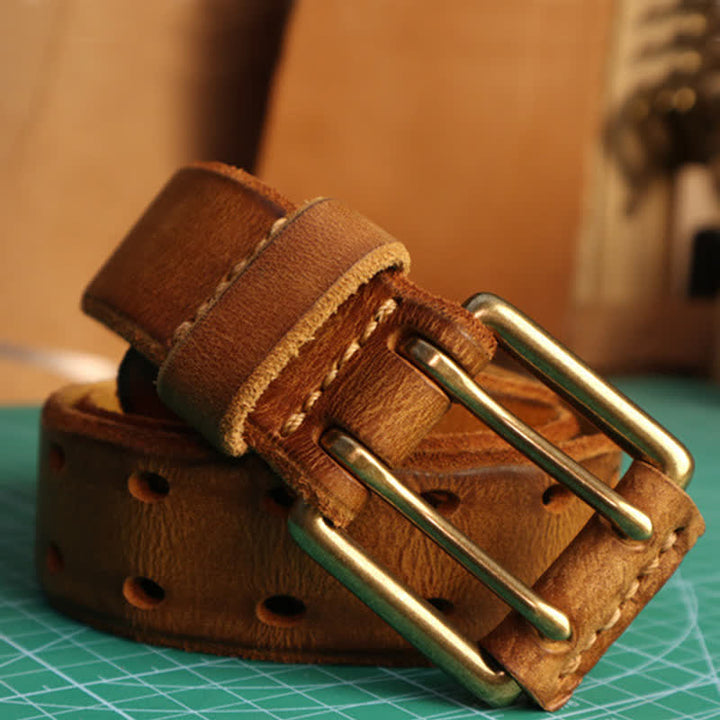 Men's Double Needle Buckle Casual Jean Leather Belt