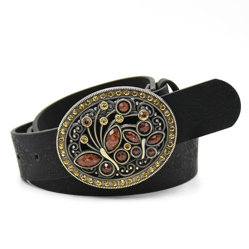 Women's Artificial Crystal Hollow Flower Buckle Leather Belt