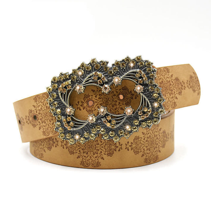 Women's Artificial Crystal Hollow Flower Buckle Leather Belt